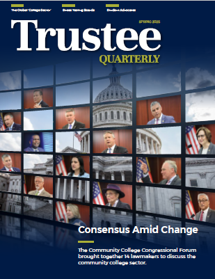Cover of the spring 2025 issue of the Association of Community College Trustees' 'Trustee Quarterly' magazine, featuring members of United States Congress who spoke during the 2025 Community College National Legislative Summit